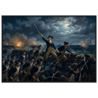 Framed print of the night storming of the redoubt at Yorktown, ready to hang.