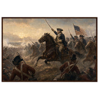 Framed print of a Revolutionary cavalry charge with the flag, ready to hang.