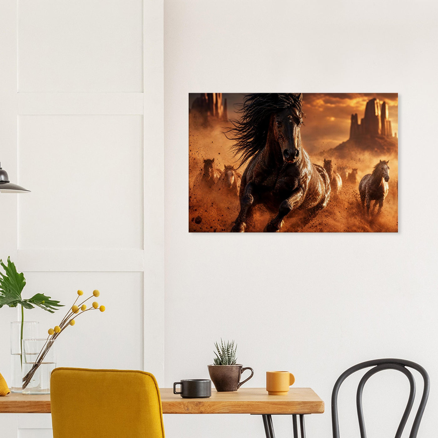 Canvas print of a wild mustang in the desert — room view, ready to hang.