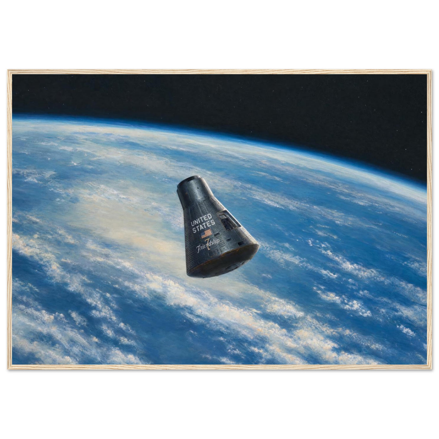 Framed panoramic art print of the Friendship 7 capsule orbiting Earth against the black of space, in a solid wood frame.
