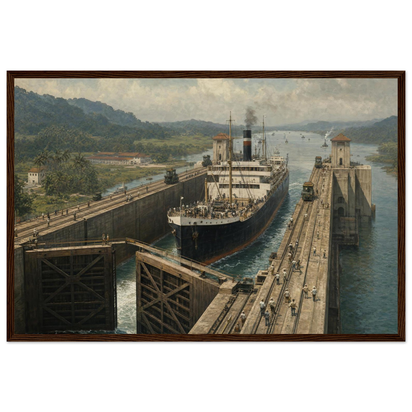 Wooden framed print of the Panama Canal — room view, ready to hang.