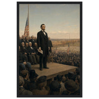 Framed art print of President Lincoln delivering the Gettysburg Address before a vast crowd, in a solid wood frame.