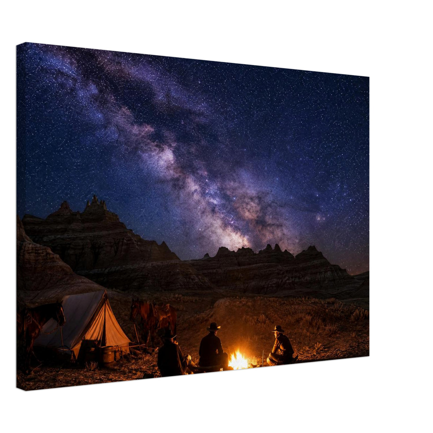 Canvas print of a campfire beneath the Milky Way — room view, ready to hang.