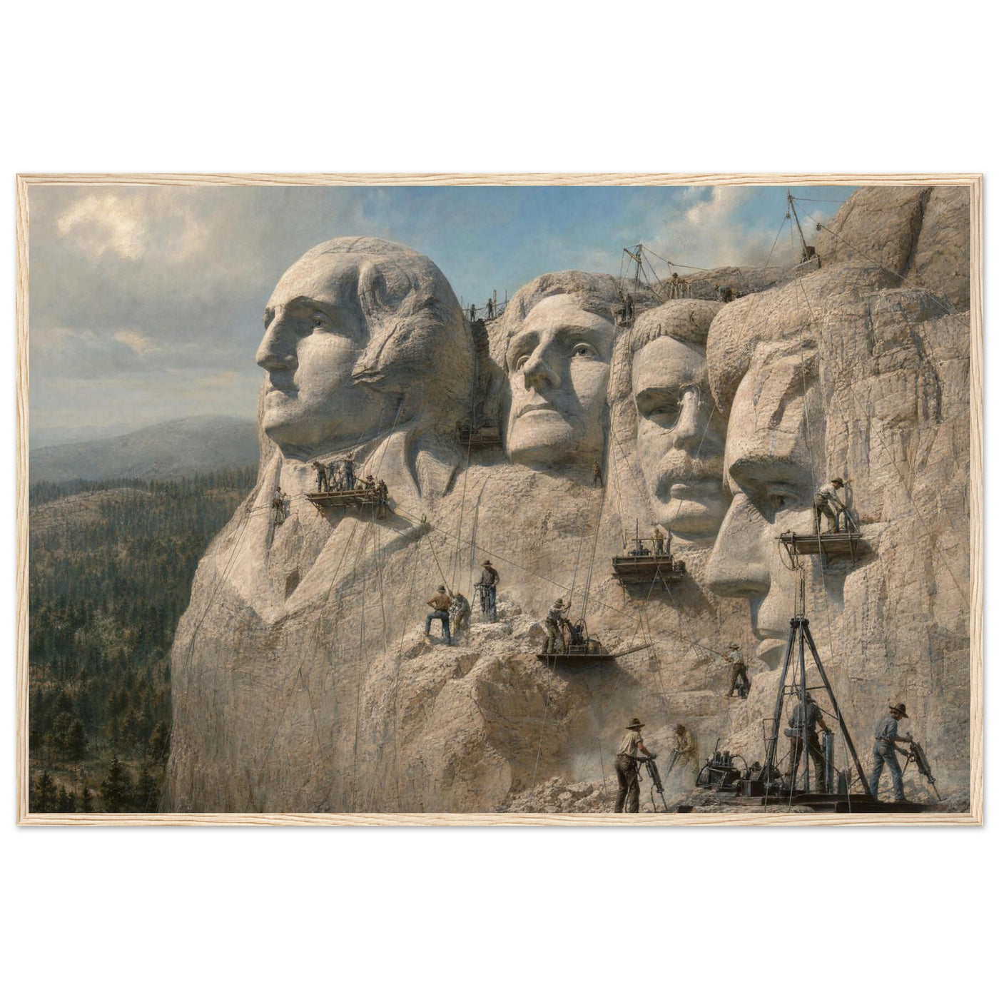 Framed panoramic art print of workers carving the presidential faces of Mount Rushmore, in a solid wood frame.