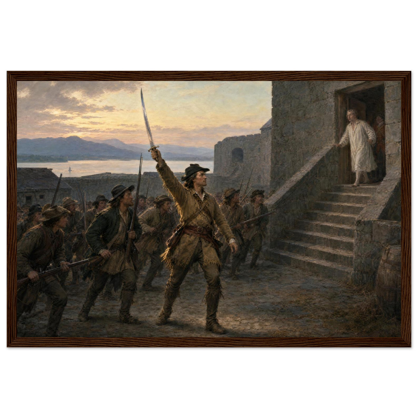 Framed art print of Union soldiers ascending the stone steps of a fort with the flag at dawn, in a solid wood frame.