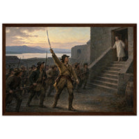 Framed art print of Union soldiers ascending the stone steps of a fort with the flag at dawn, in a solid wood frame.