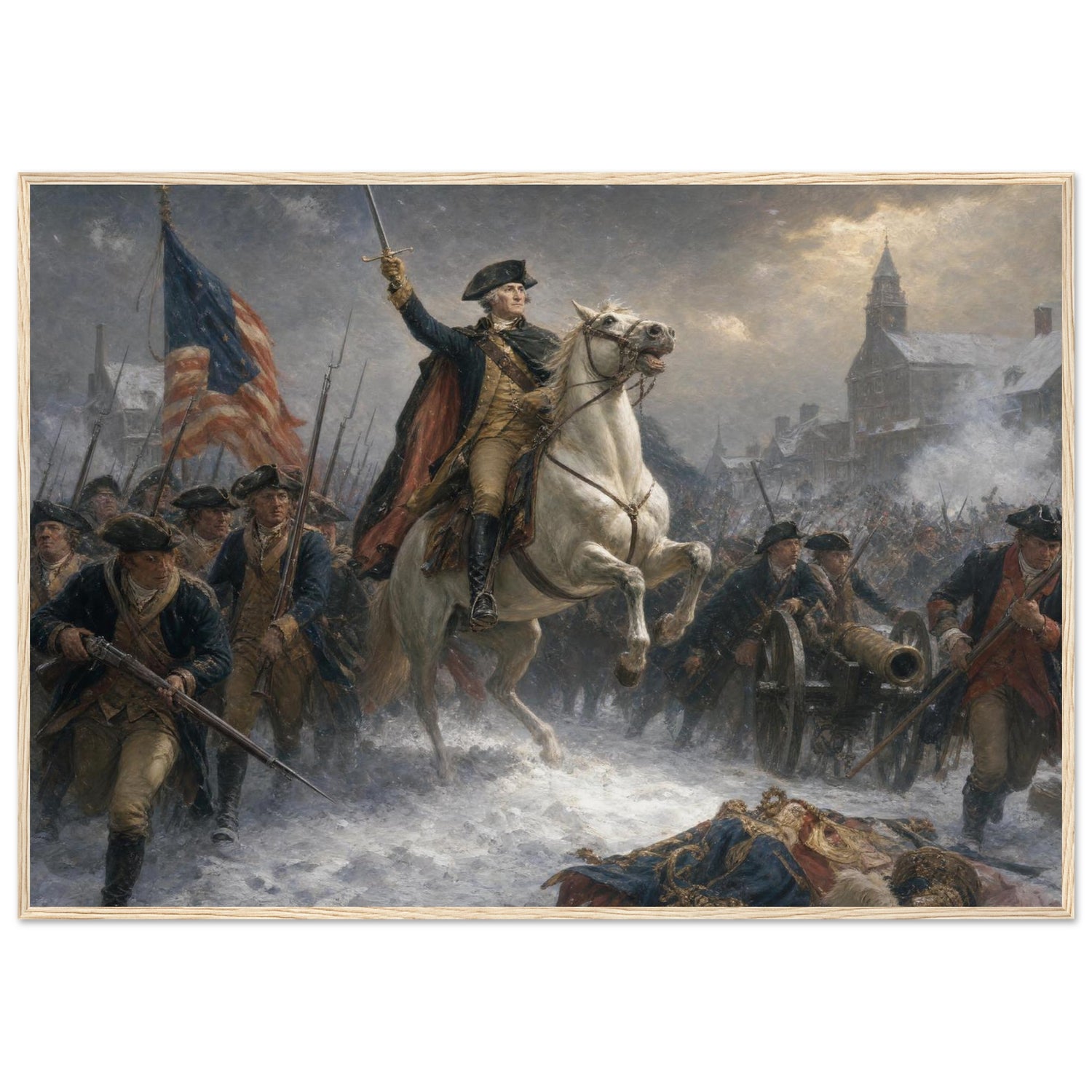 Wooden framed print of Washington rallying the troops at Trenton, ready to hang.