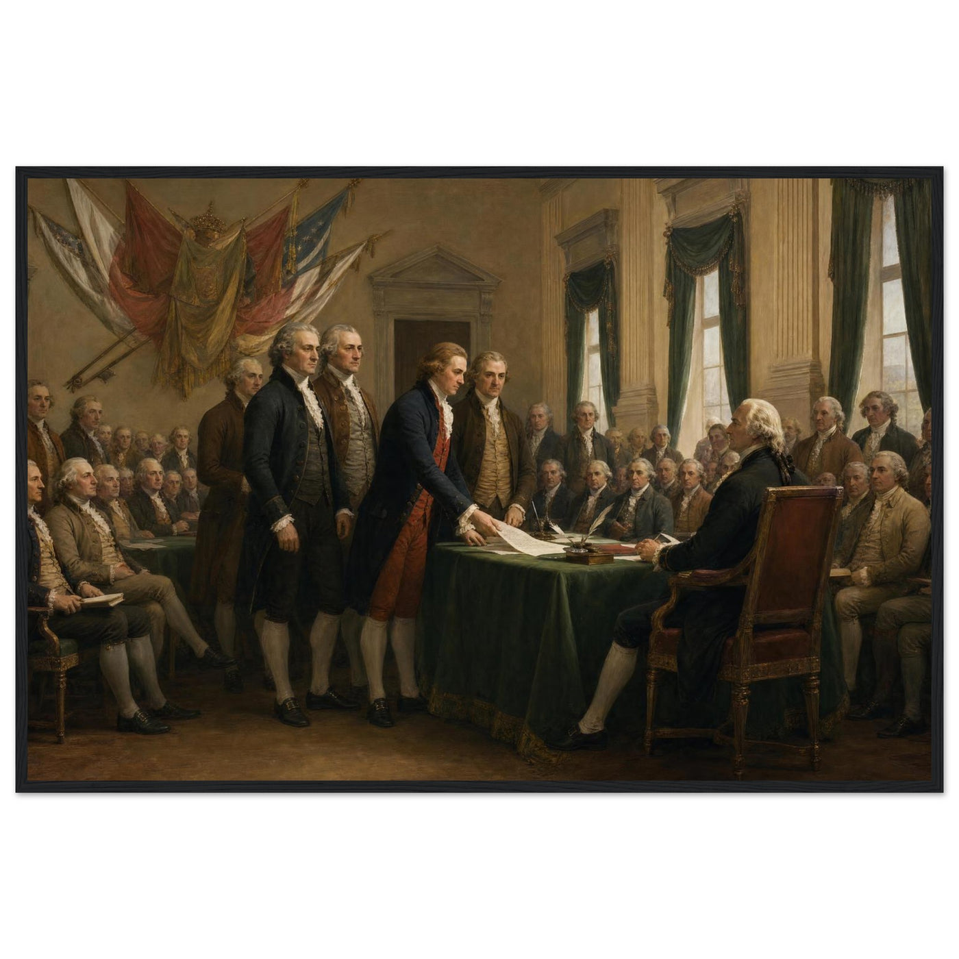 Wooden framed print of the signing of the Declaration — room view, ready to hang.