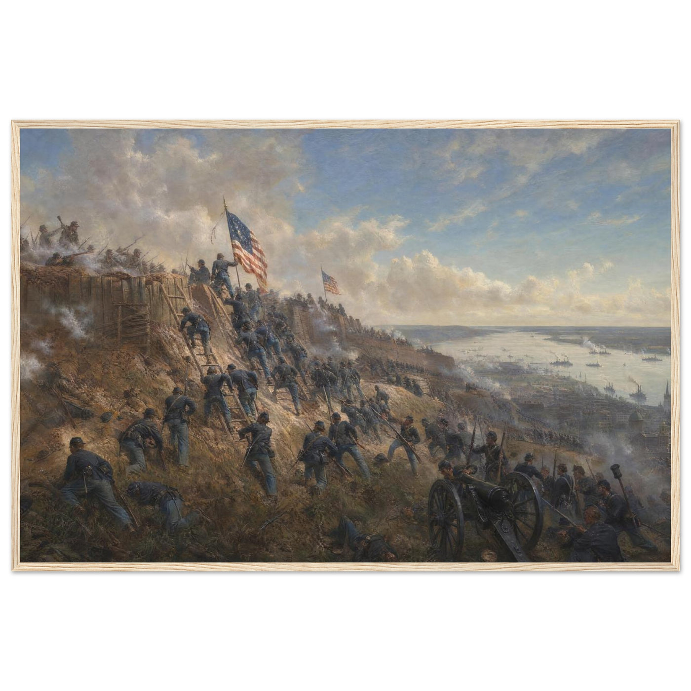 Wooden framed print of the storming of Vicksburg — room view, ready to hang.
