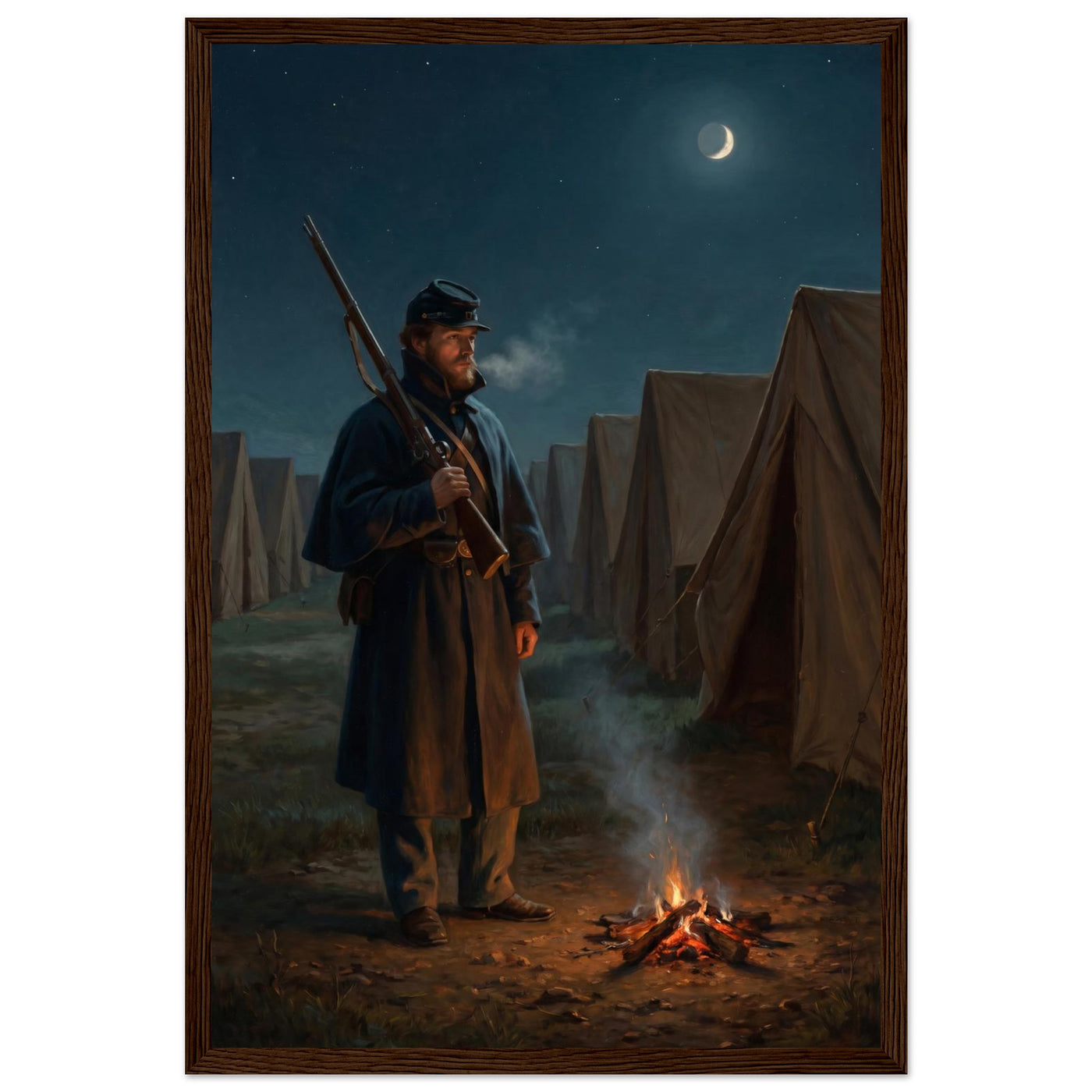 Framed print of a Union sentinel keeping watch by a campfire at night, ready to hang.