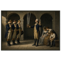 The Oath at Valley Forge — framed fine art print of Washington holding three swords aloft before three bowed officers, grieving women at right, in a black frame