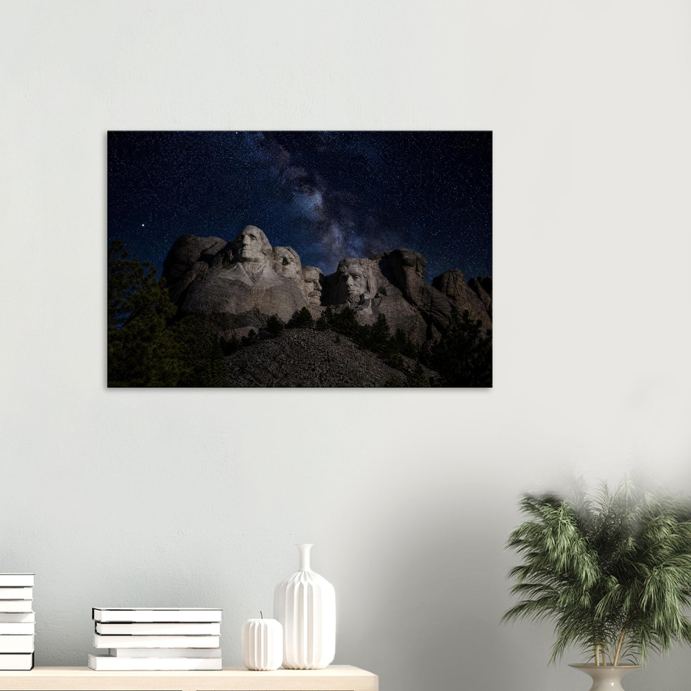 Canvas print of Mount Rushmore under the Milky Way — room view, ready to hang.