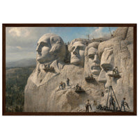 Framed panoramic art print of workers carving the presidential faces of Mount Rushmore, in a solid wood frame.