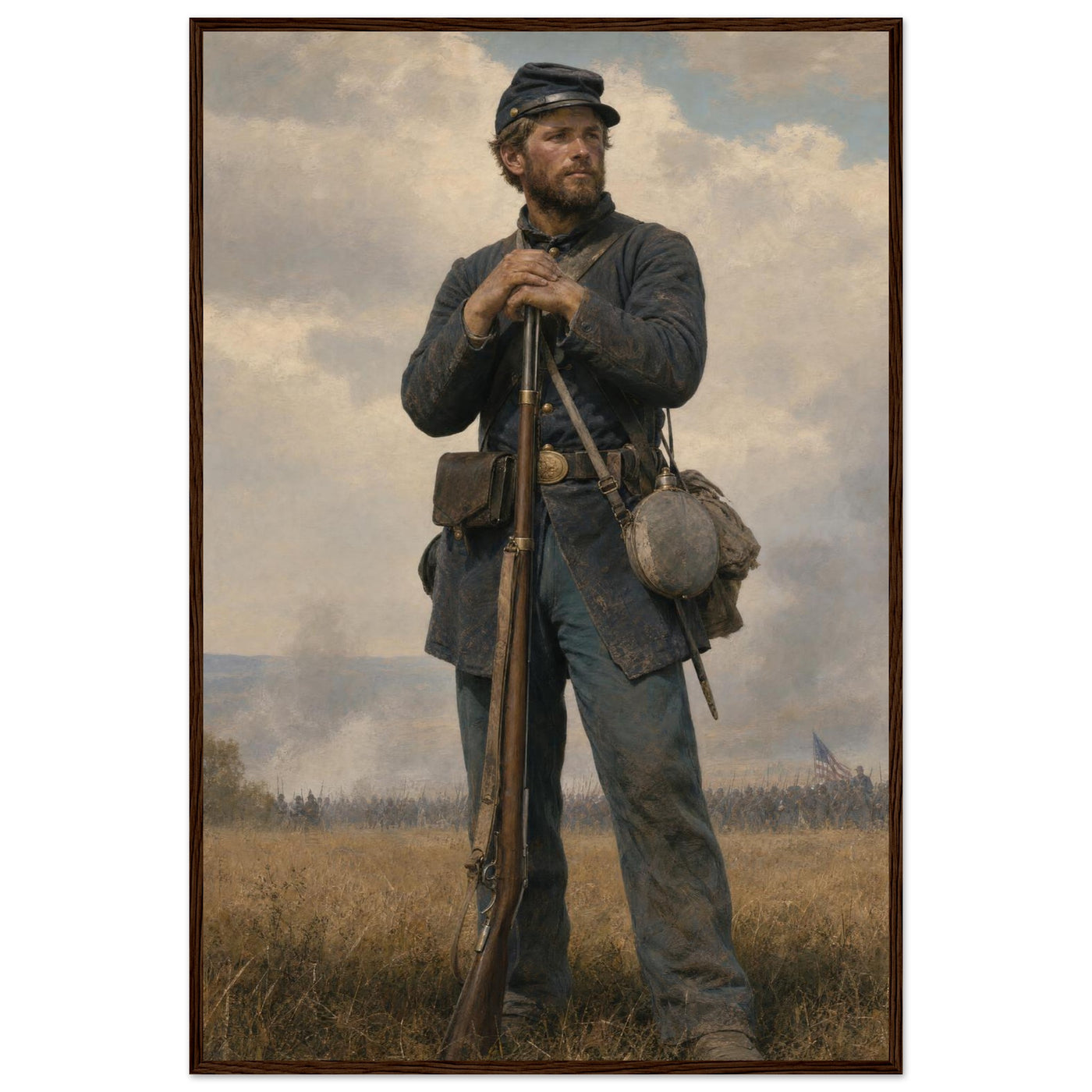 Framed portrait painting of a weary Union soldier standing at rest, leaning on his rifle, in a solid wood frame.
