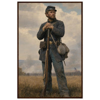 Framed portrait painting of a weary Union soldier standing at rest, leaning on his rifle, in a solid wood frame.