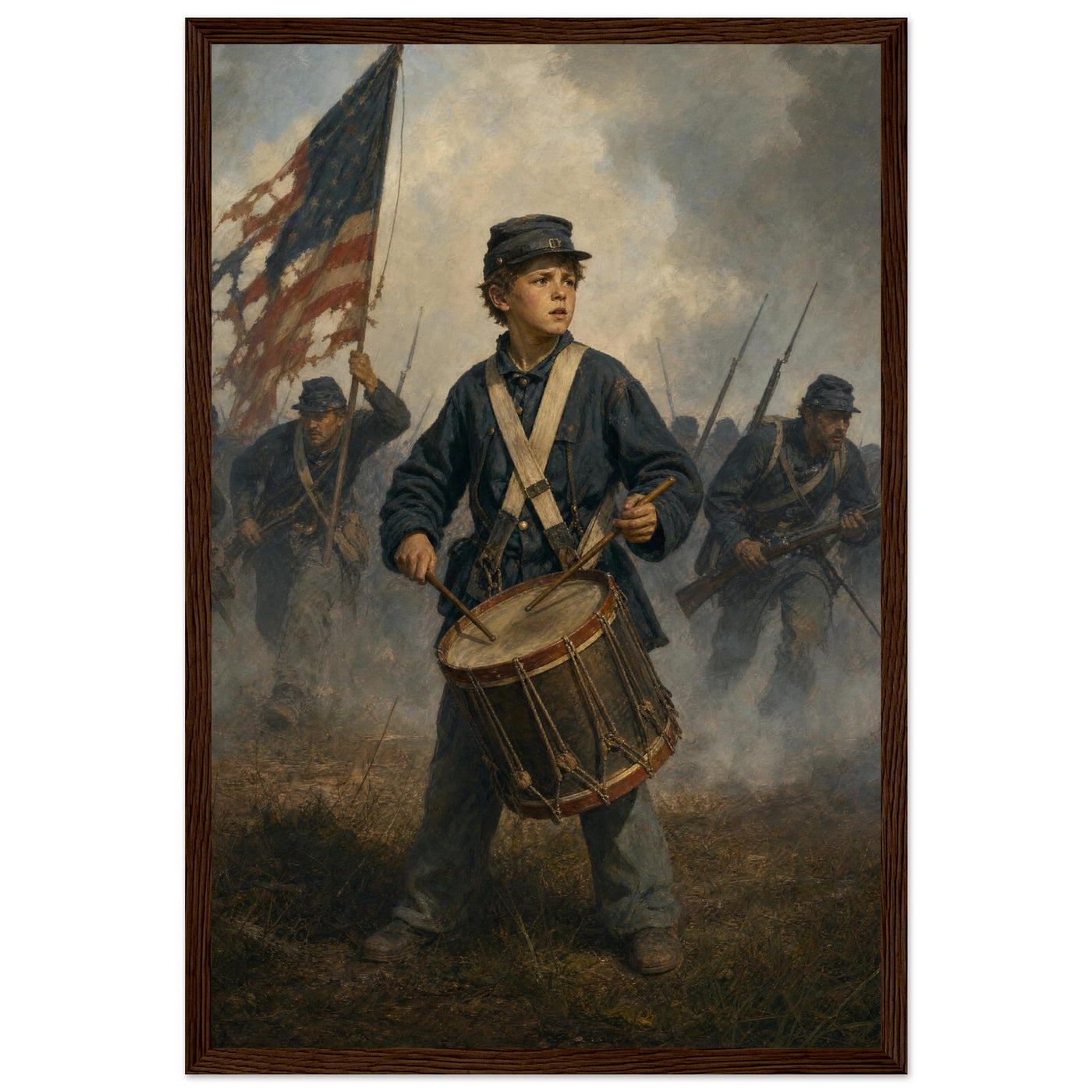 Framed print of a Union drummer boy on the battlefield, ready to hang.