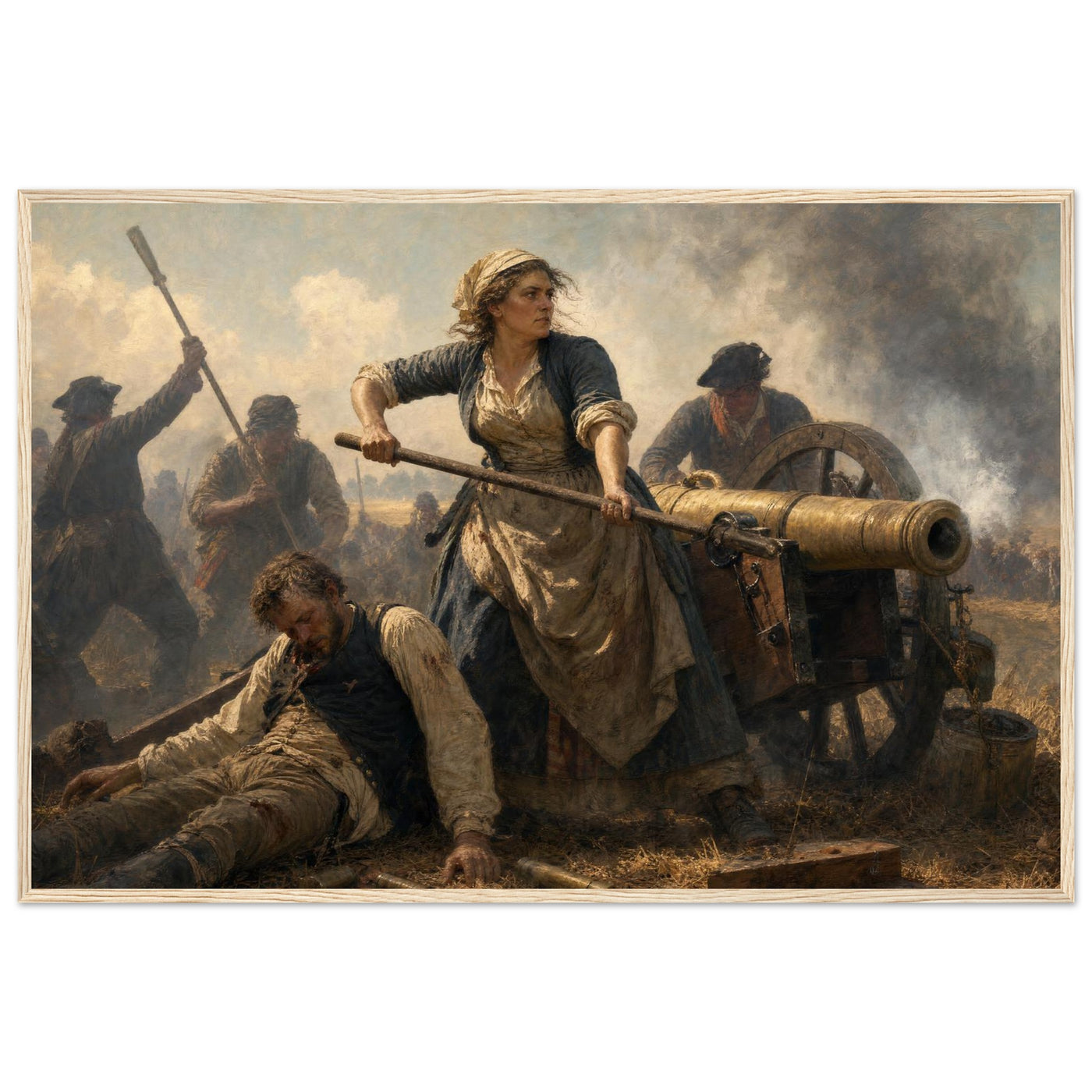 Framed art print of a woman standing defiantly at a cannon amid fallen soldiers on the battlefield, in a solid wood frame.
