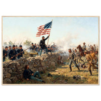Framed art print of a Union soldier raising the Stars and Stripes amid the smoke of battle, in a solid wood frame.