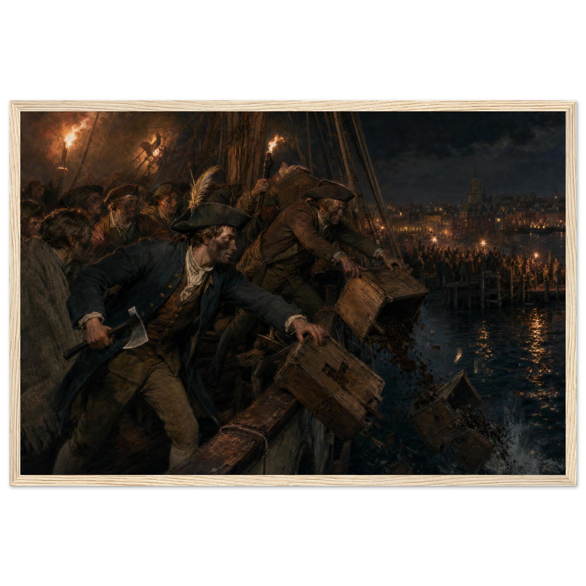 Framed print of the Boston Tea Party, ready to hang.