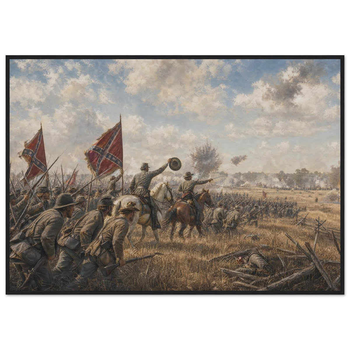Framed art print of Civil War troops charging across a battlefield beneath a golden dusk sky, in a solid wood frame.