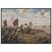 Framed art print of Civil War troops charging across a battlefield beneath a golden dusk sky, in a solid wood frame.