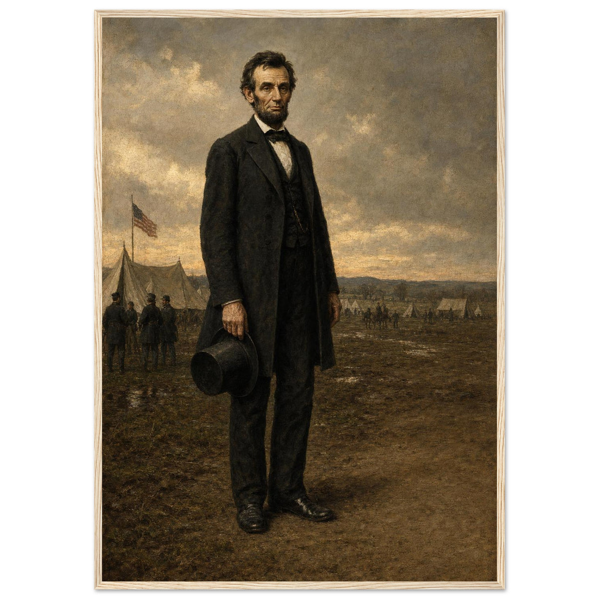 Abraham Lincoln — Commander in Chief — framed fine art print of Lincoln in camp with hat, 12x18″ in a natural wood frame