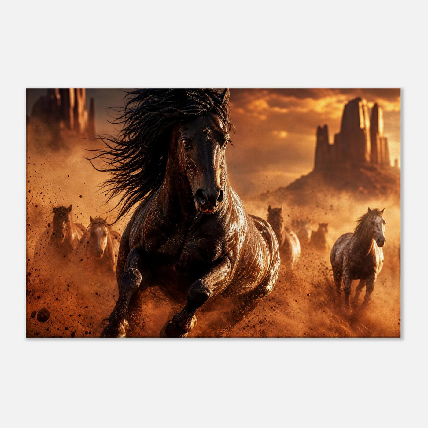 Canvas print of a wild mustang in the desert — room view, ready to hang.
