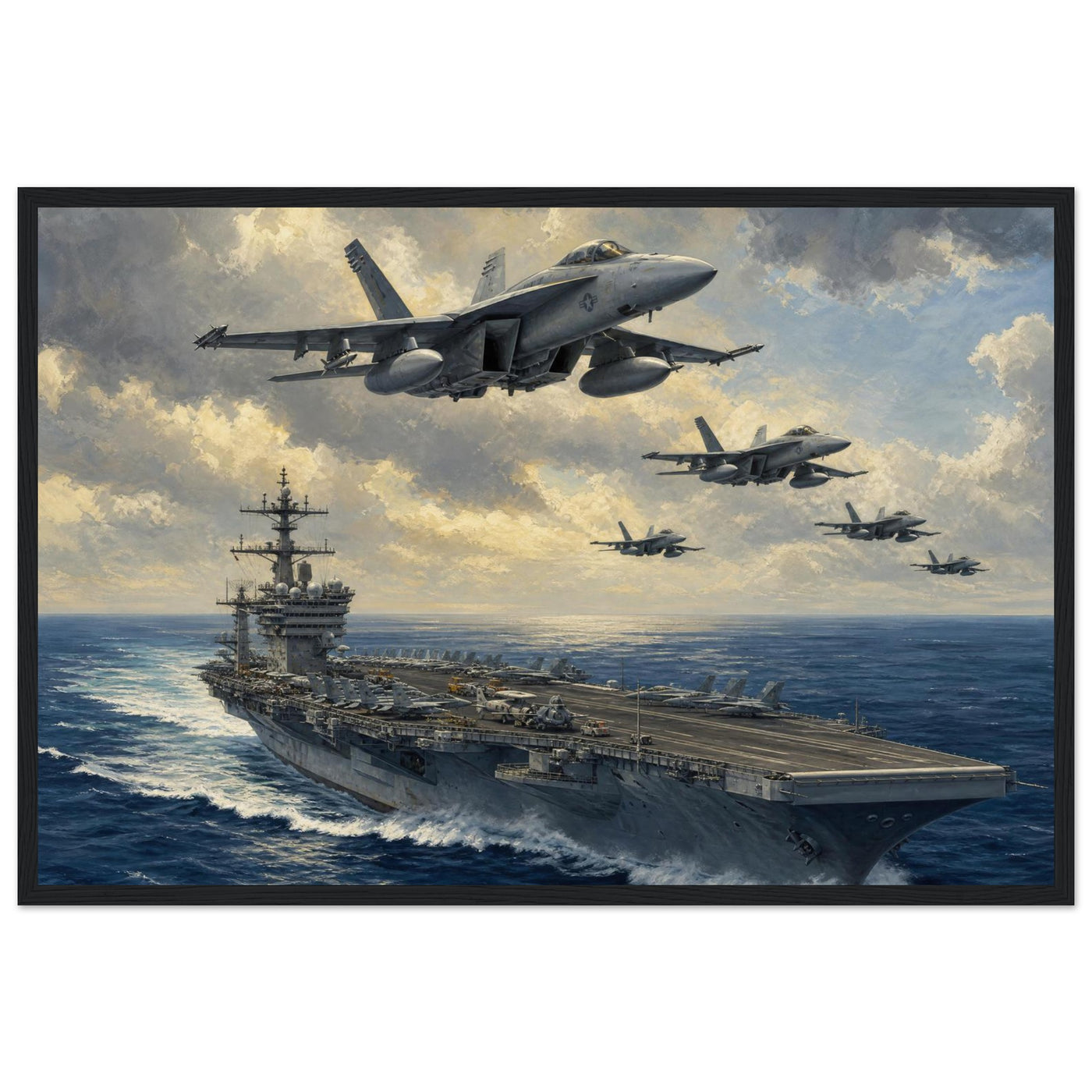 Wooden framed print of a U.S. Navy supercarrier — room view, ready to hang.