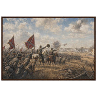 Framed art print of Civil War troops charging across a battlefield beneath a golden dusk sky, in a solid wood frame.