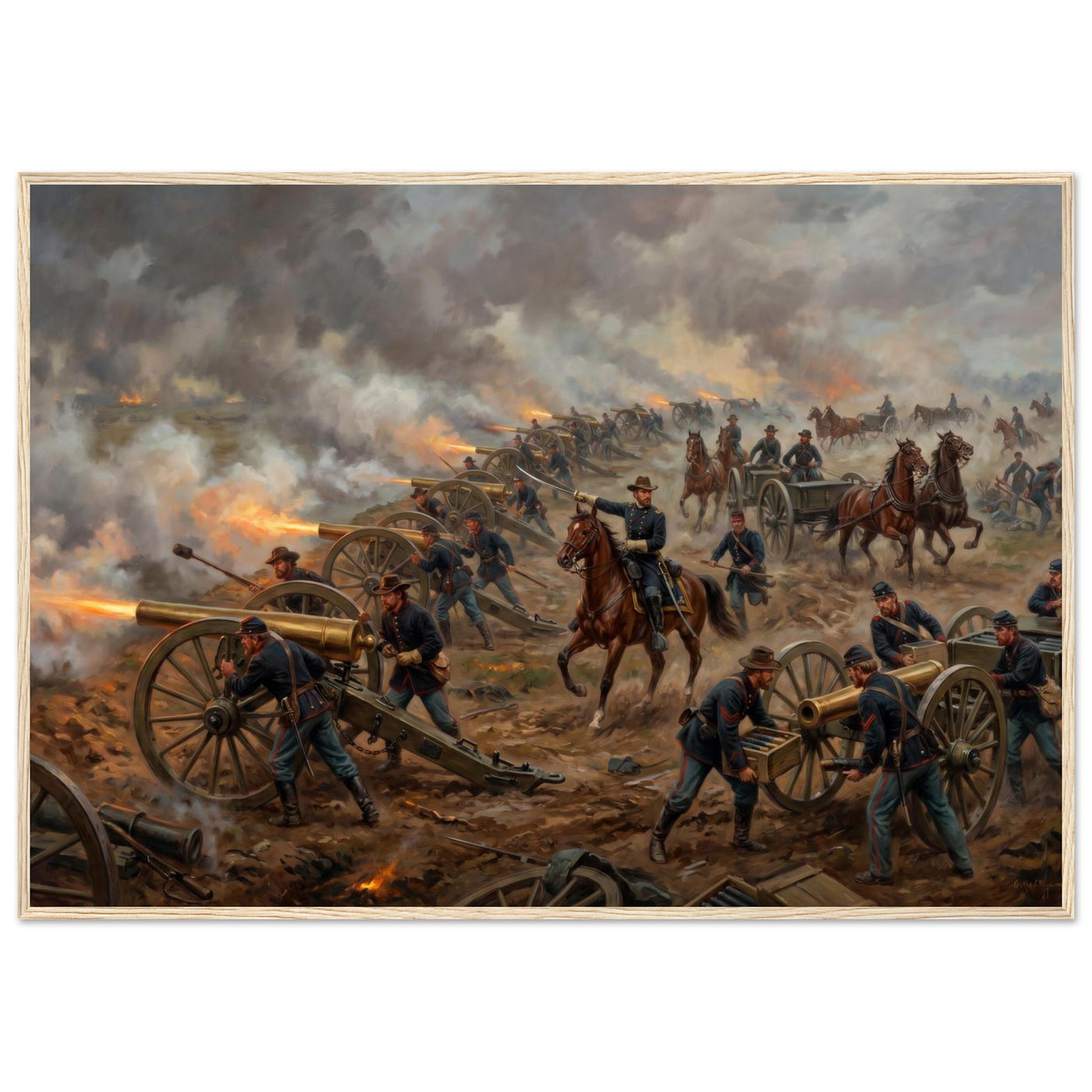 Framed art print of a Civil War artillery line firing amid smoke, cavalry and flags beyond, in a solid wood frame.
