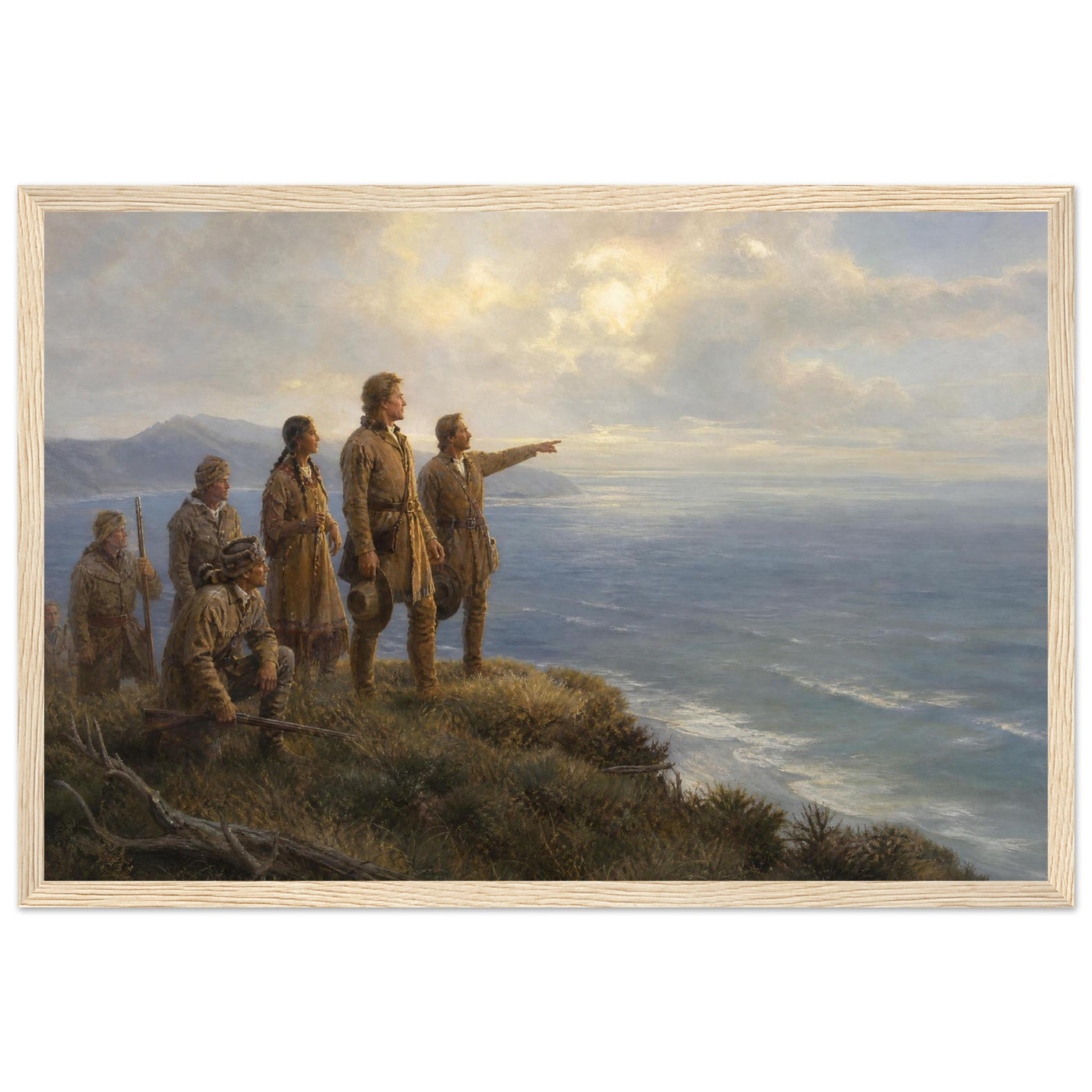 Wooden framed print of Lewis and Clark reaching the Pacific — room view, ready to hang.