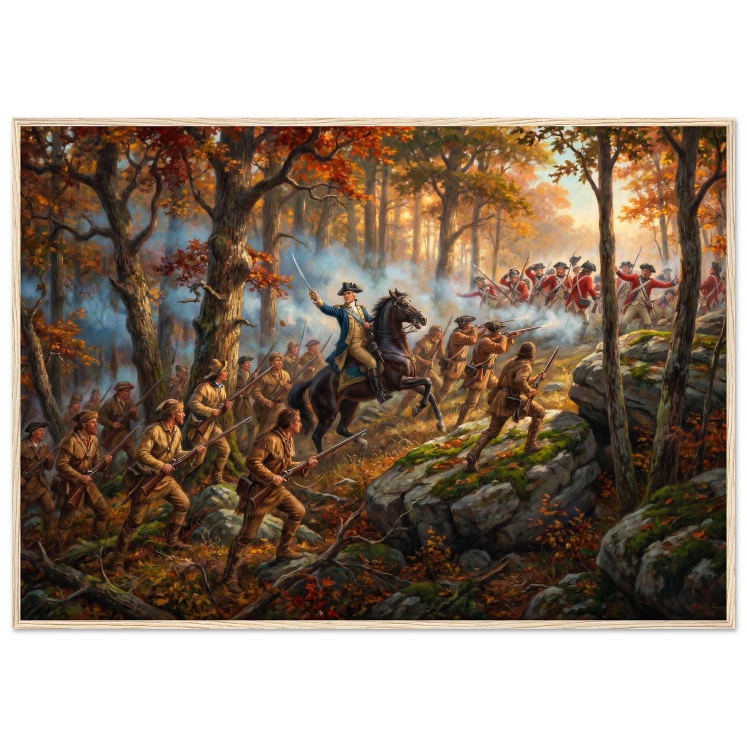 Framed print of a Revolutionary forest ambush, ready to hang.