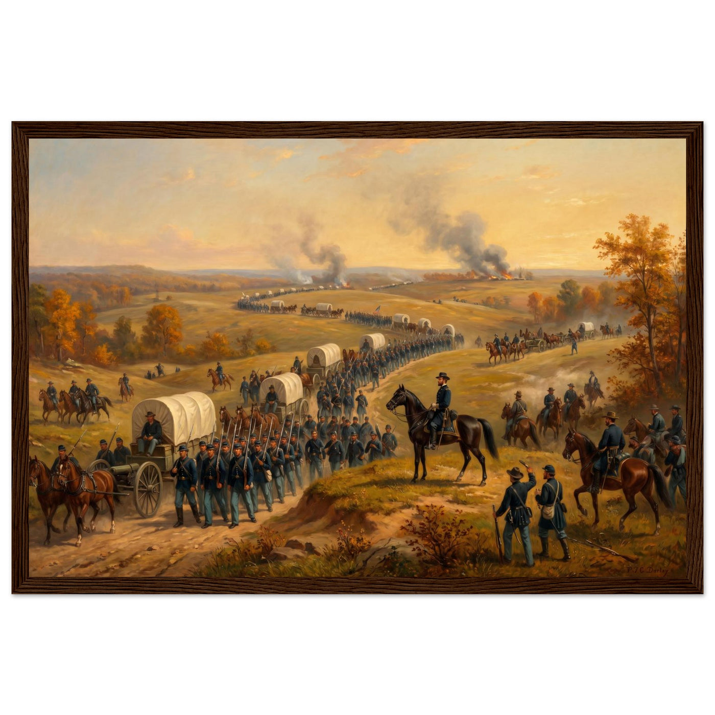 Framed panoramic art print of a Civil War cavalry and wagon column marching at sunset, in a solid wood frame.