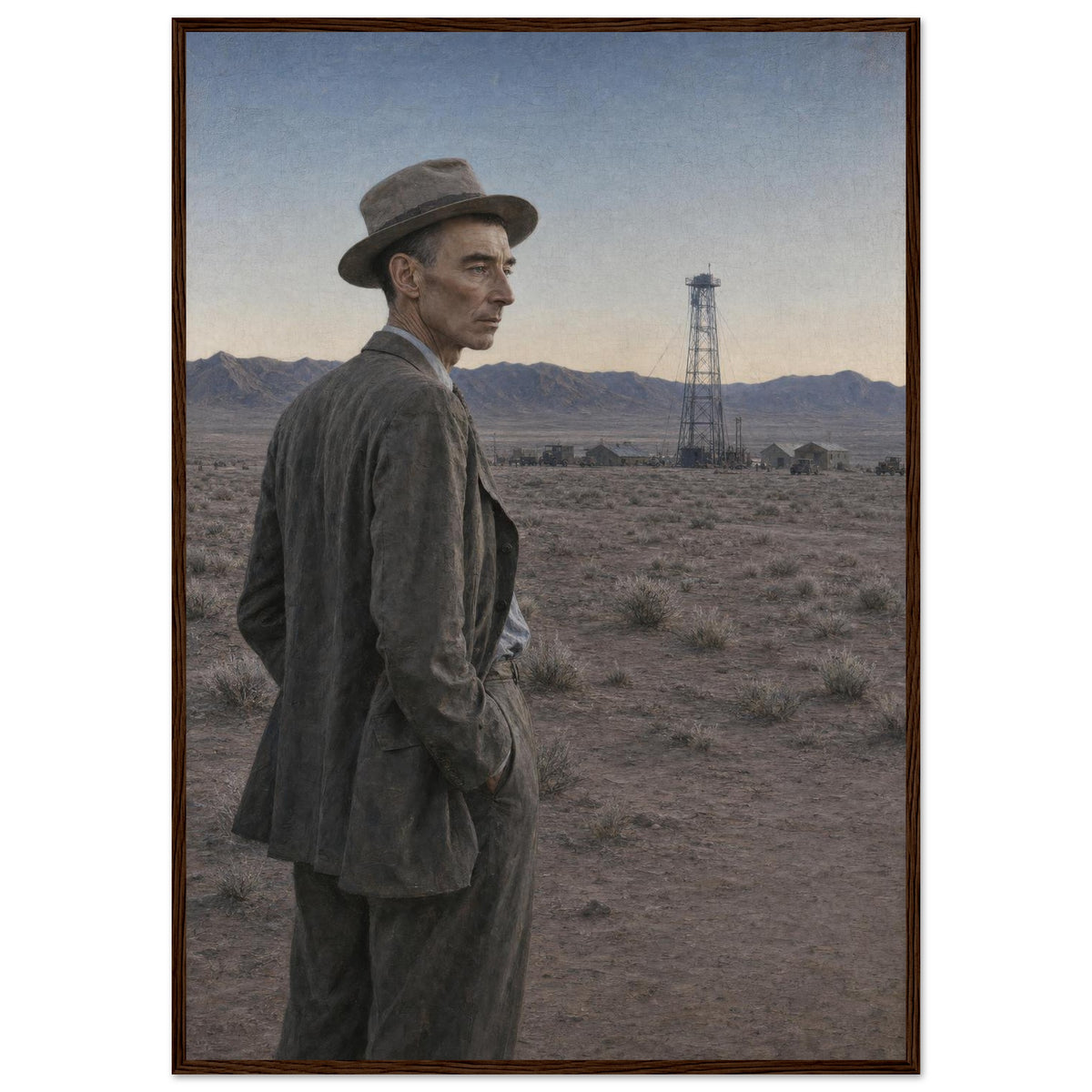 J. Robert Oppenheimer — framed fine art print of Oppenheimer in the desert before Trinity, 12x18″ in a dark wood frame