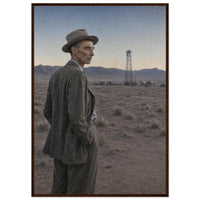 J. Robert Oppenheimer — framed fine art print of Oppenheimer in the desert before Trinity, 12x18″ in a dark wood frame