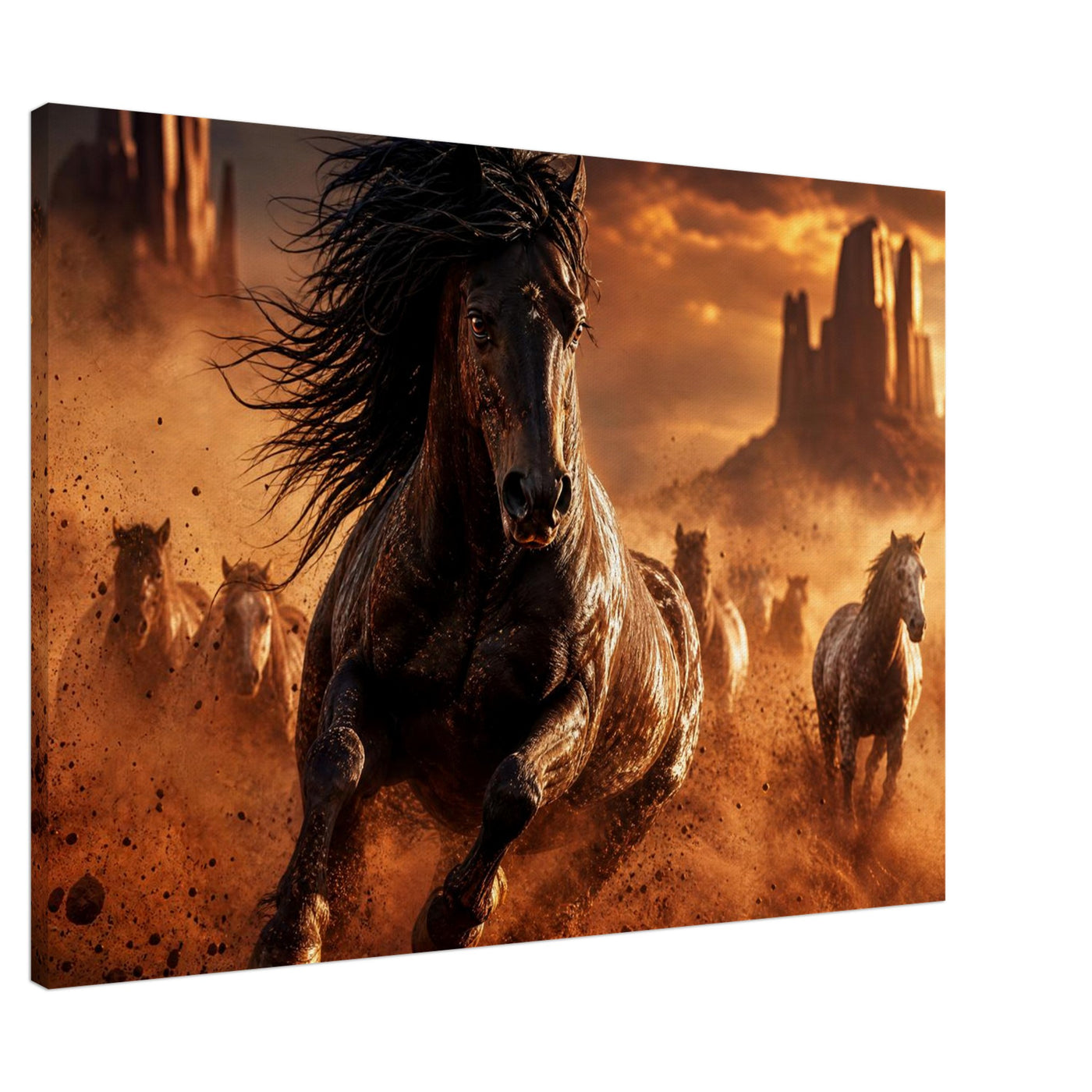 Canvas print of a wild mustang in the desert — room view, ready to hang.