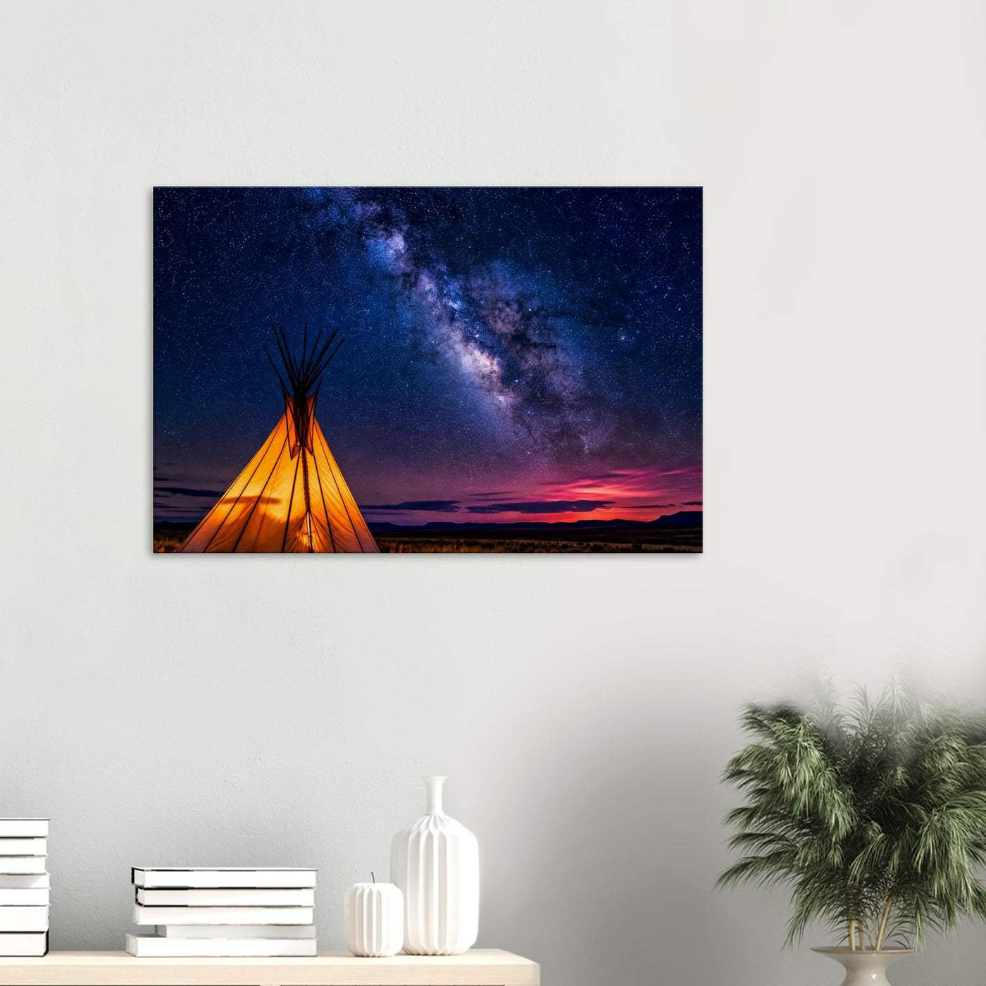 Canvas print of a teepee beneath a starlit sky — room view, ready to hang.