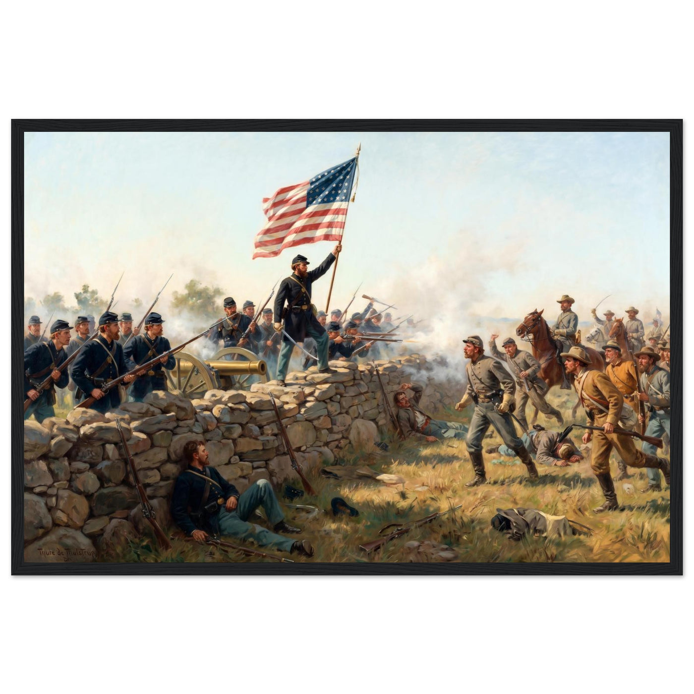 Framed art print of a Union soldier raising the Stars and Stripes amid the smoke of battle, in a solid wood frame.
