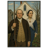 American Gothic, 1776 — framed fine art print of John and Abigail Adams before a white farmhouse, a long musket held upright, in a black frame