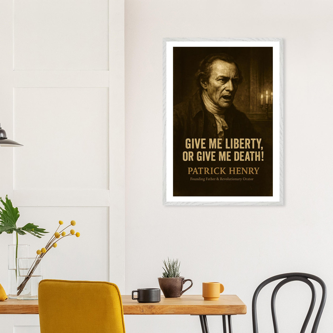 Framed Patrick Henry 'liberty or death' quote print, ready to hang.
