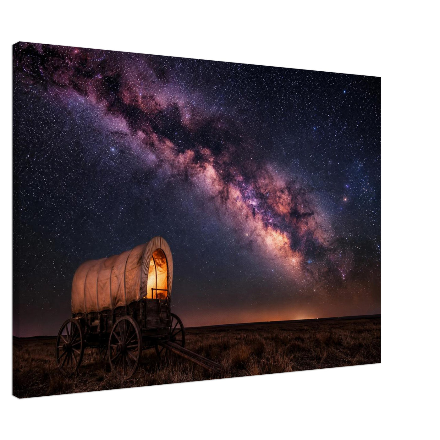 Canvas print of a wagon trail under the Milky Way — room view, ready to hang.