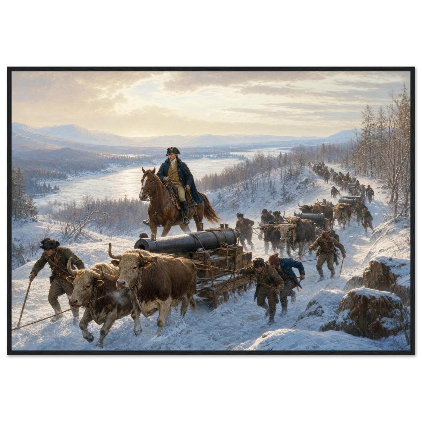 Framed art print of Civil War soldiers and wagons marching through deep snow, in a solid wood frame.