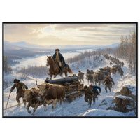 Framed art print of Civil War soldiers and wagons marching through deep snow, in a solid wood frame.