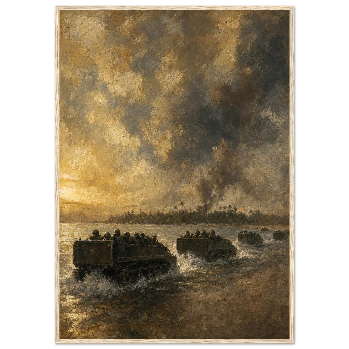 Running In to the Beach — framed fine art print of amtracs running toward a burning island, 28x40″ in a natural wood frame
