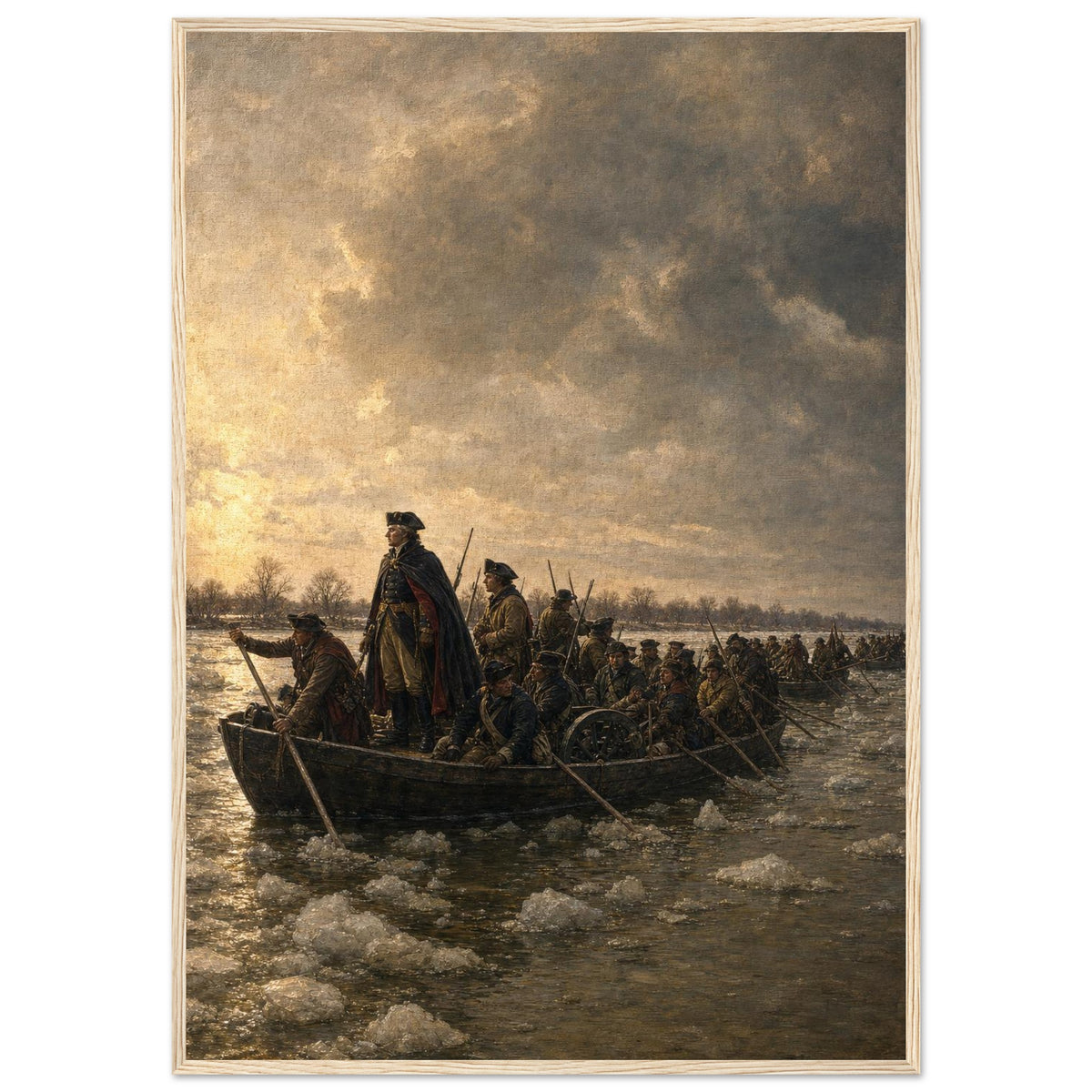 The Night Crossing, 1776 — framed fine art print of Washington in a boat among ice floes, 12x18″ in a natural wood frame
