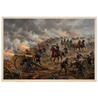 Framed art print of a Civil War artillery line firing amid smoke, cavalry and flags beyond, in a solid wood frame.