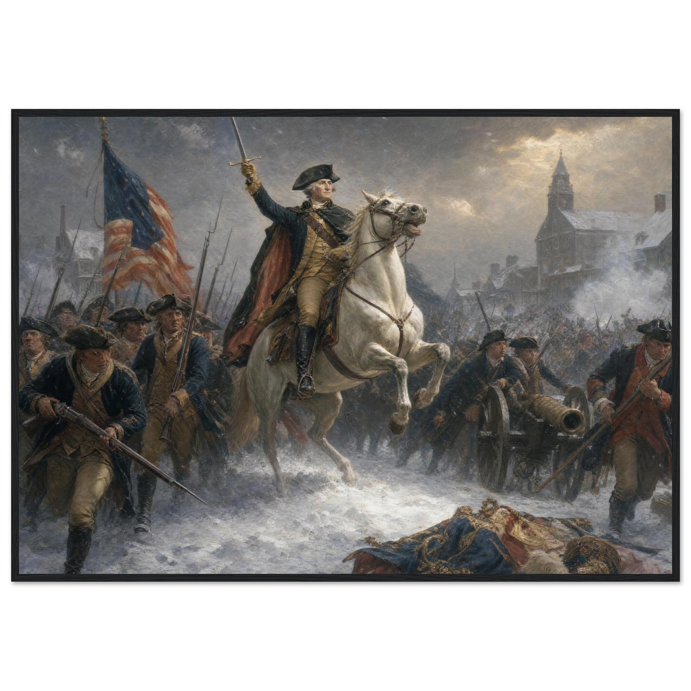 Wooden framed print of Washington rallying the troops at Trenton — room view, ready to hang.