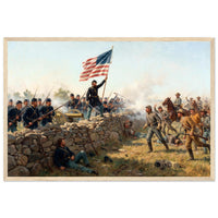 Framed art print of a Union soldier raising the Stars and Stripes amid the smoke of battle, in a solid wood frame.