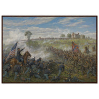 Framed panoramic art print of the smoke-filled Confederate assault during Pickett's Charge at Gettysburg, in a solid wood frame.