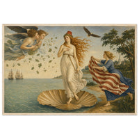 The Birth of Columbia — framed fine art print of Columbia on a scallop shell at the shore, an attendant holding out a striped cloak, in a natural wood frame